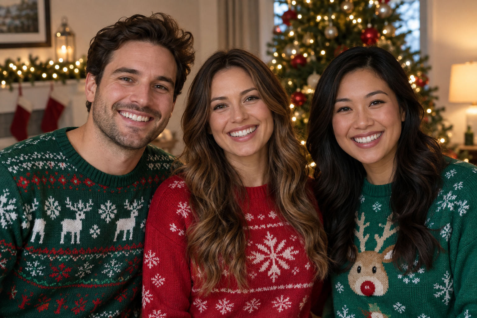 Three friends in Christmas sweaters